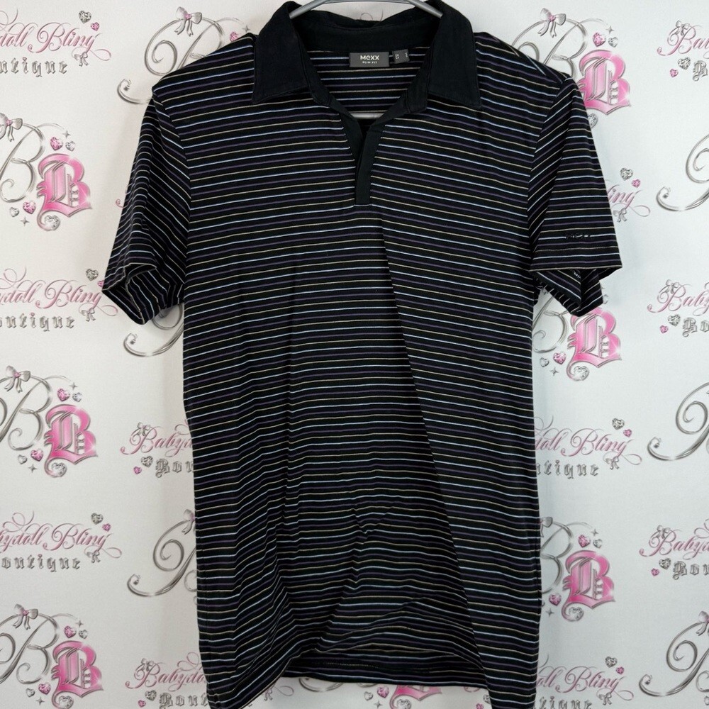 Mexx T-shirt polo, multicolor, stripes, Black and Gray Striped Polo Shirt